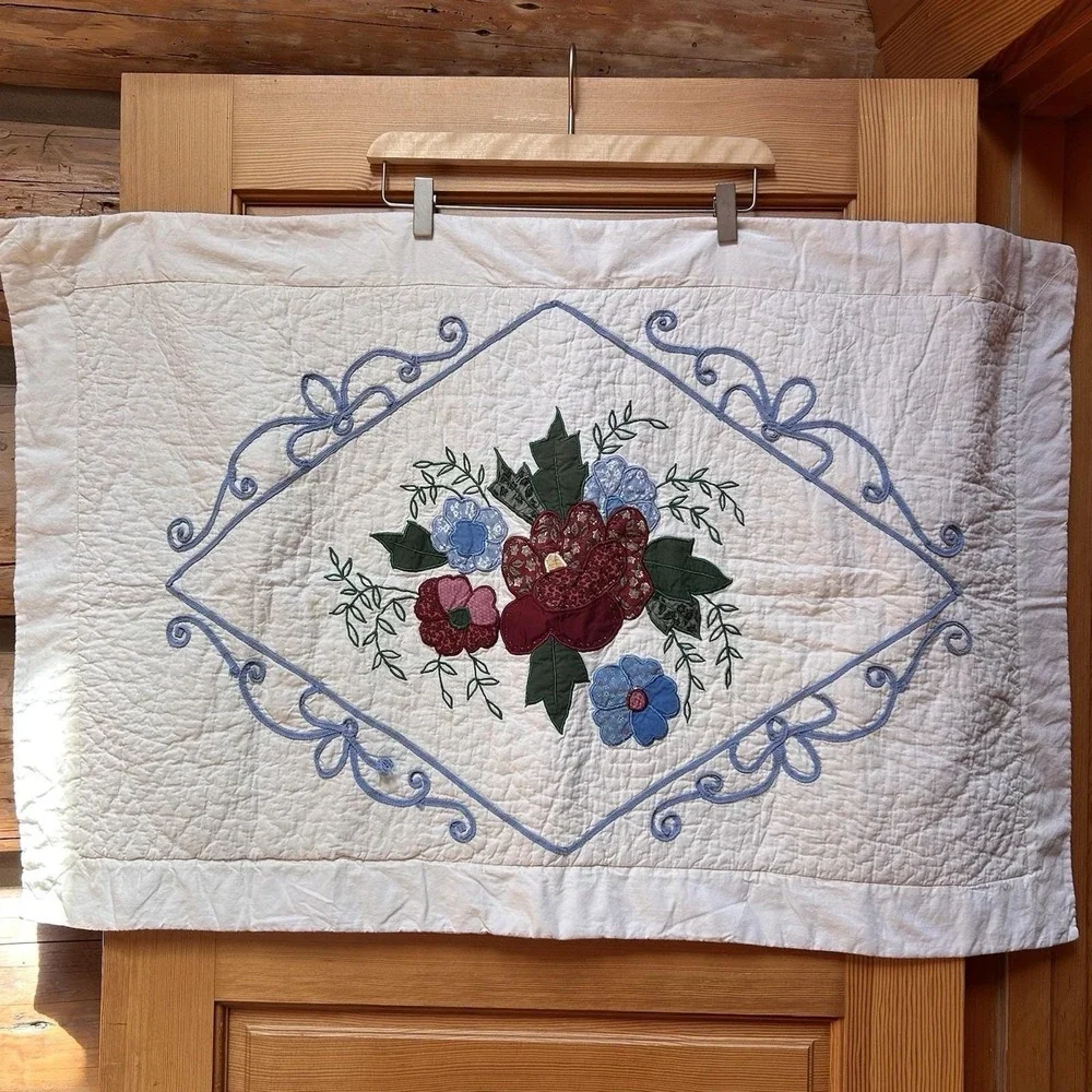 VTG Embroidered Quilted Floral Pillow Sham Case Oversized Patchwork Cottagecore